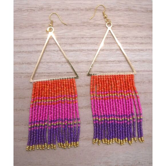 Earrings Beaded Gold Triangle Multicolored - Picture 1 of 3